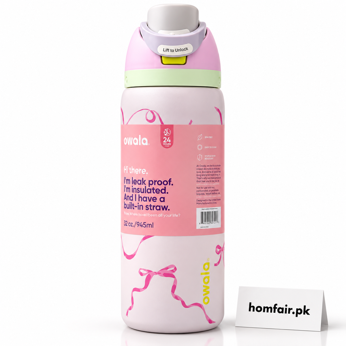 Owala Pink Bow Insulated Water Bottle 32oz with Built-In Straw & Leak-Proof Lid