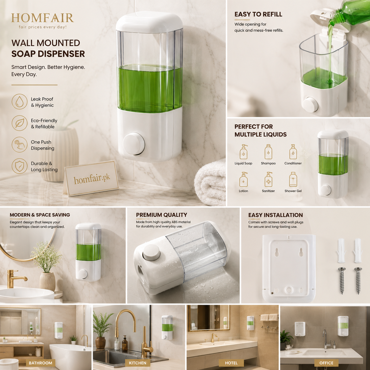 Wall Mounted Refillable Soap Dispenser Bathroom Shampoo & Liquid Soap Pump