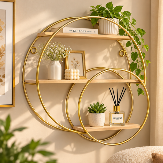 Luxury Gold Circular Display Shelf with 3 Wooden Tiers – Modern Home Decor & Storage Rack
