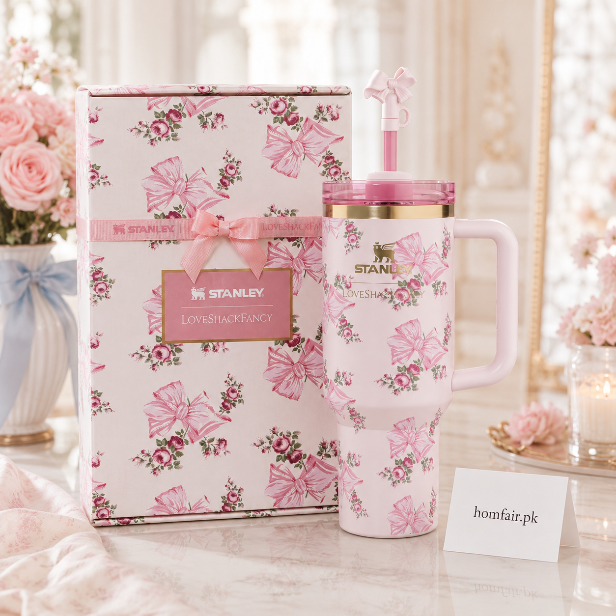 Stanley x LoveShackFancy Quencher H2.0 FlowState™ Tumbler 40Z Rose Beaux Pink - Gift Box