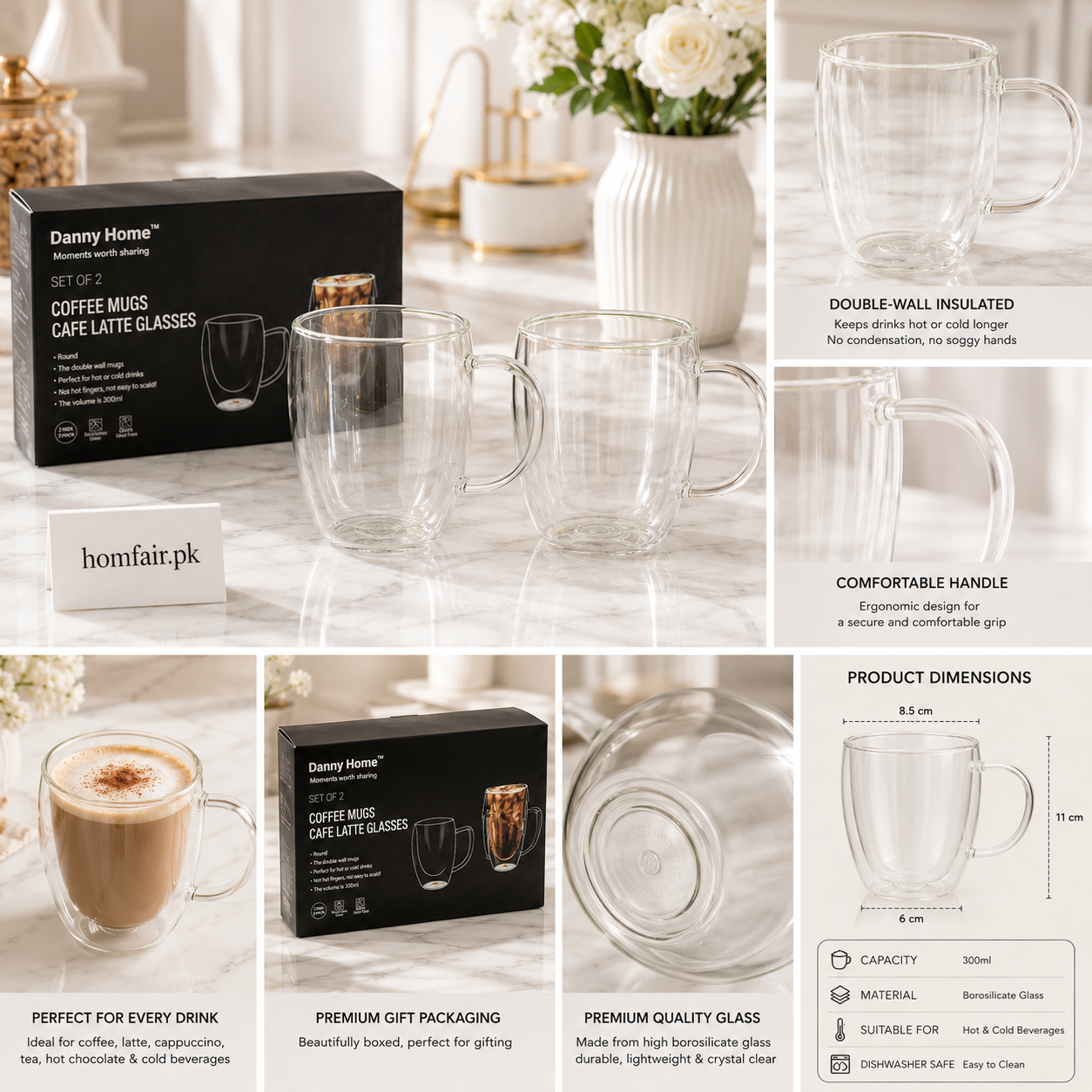 Danny Home Double Wall Coffee Mug Set 300ml – Set of 2