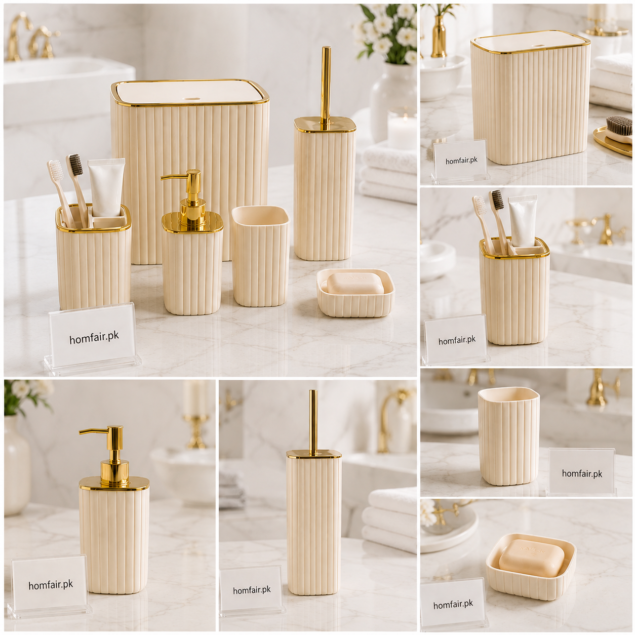 Luxury Bathroom Accessories Set with Gold Finish – 6 Piece Premium Bathroom Organizer Set