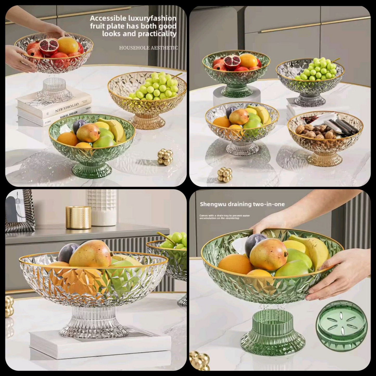 Luxury Crystal Acrylic Dry Fruit Bowl with Gold Rim & Pedestal Base