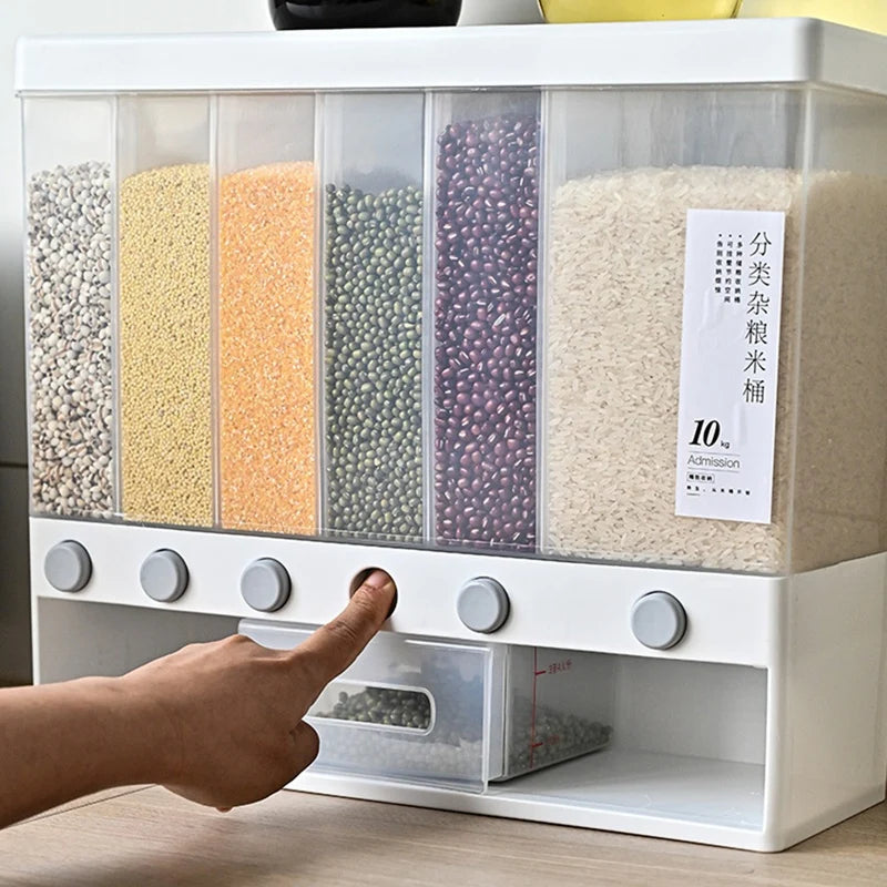 6 in 1 Rice Dispenser with Multi-Compartment Storage