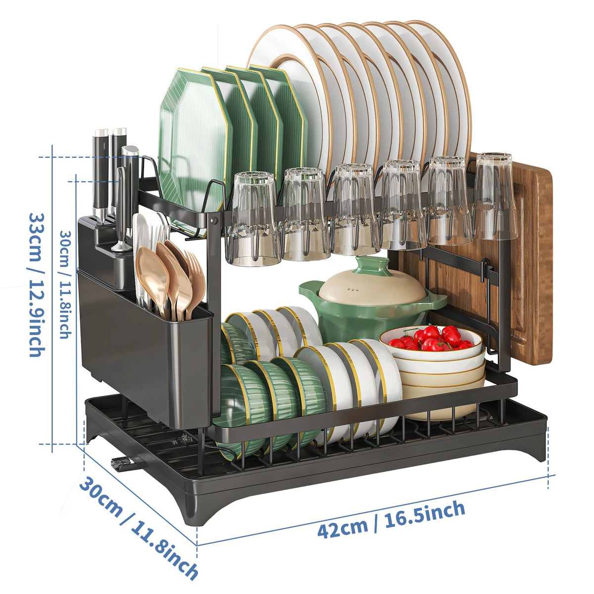 2-Tier Dish Drying Rack with Utensil Holder Space-Saving Kitchen Organizer