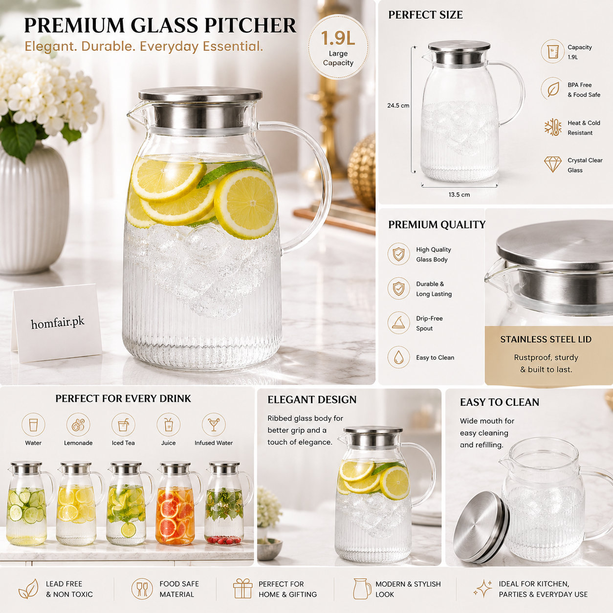 Danny Home Premium Glass Water Pitcher with Stainless Steel Lid — 1.9L