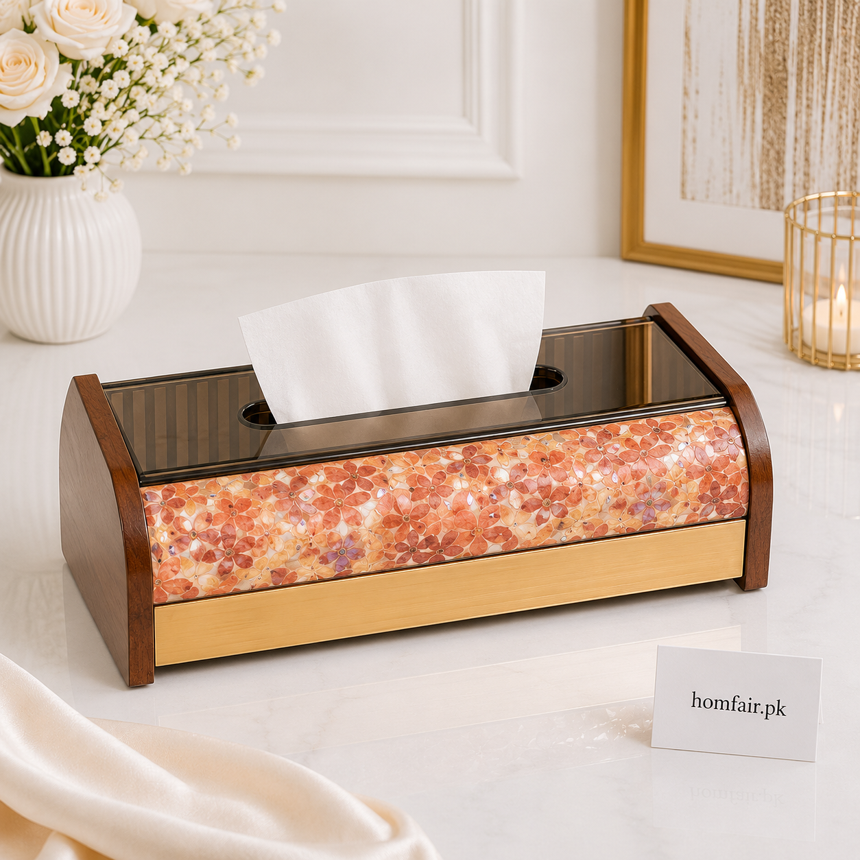 Luxury Wooden Floral Tissue Box Holder Decorative Tissue Box
