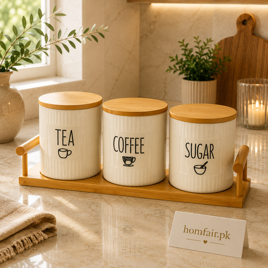 Premium Ribbed Ceramic Tea, Coffee & Sugar Canister Set with Bamboo Tray