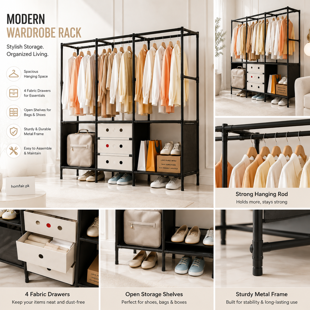 3-Section Open Wardrobe Rack with Hanging Rods, Fabric Drawers & Shoe Storage