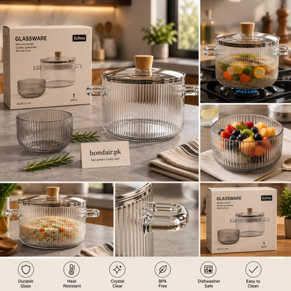Heat Resistant Crystal Clear Ribbed Glass Cooking Pot with Lid & Glass Bowl Set
