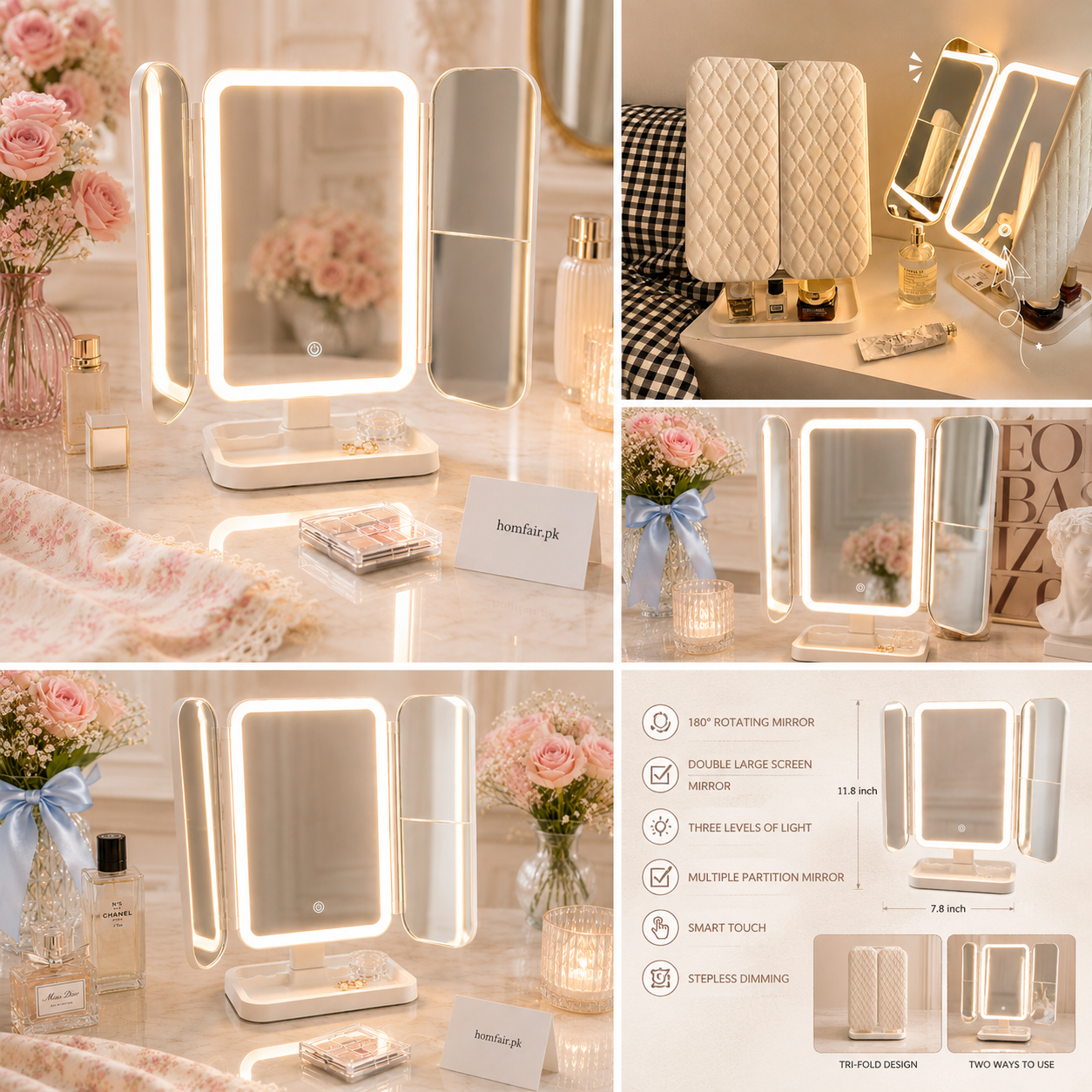 Foldable Dressing LED Makeup Mirror 3-Panel Vanity Mirror
