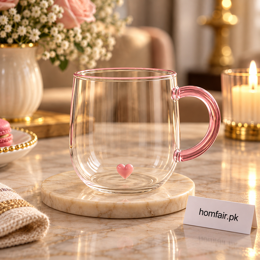 Blush Heart Double-Wall Glass Mug with Pink Handle