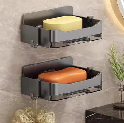 Wall Mounted Soap Holder with Drain Tray and Waterproof Punch-Free Box with Lid for Bathroom and Kitchen