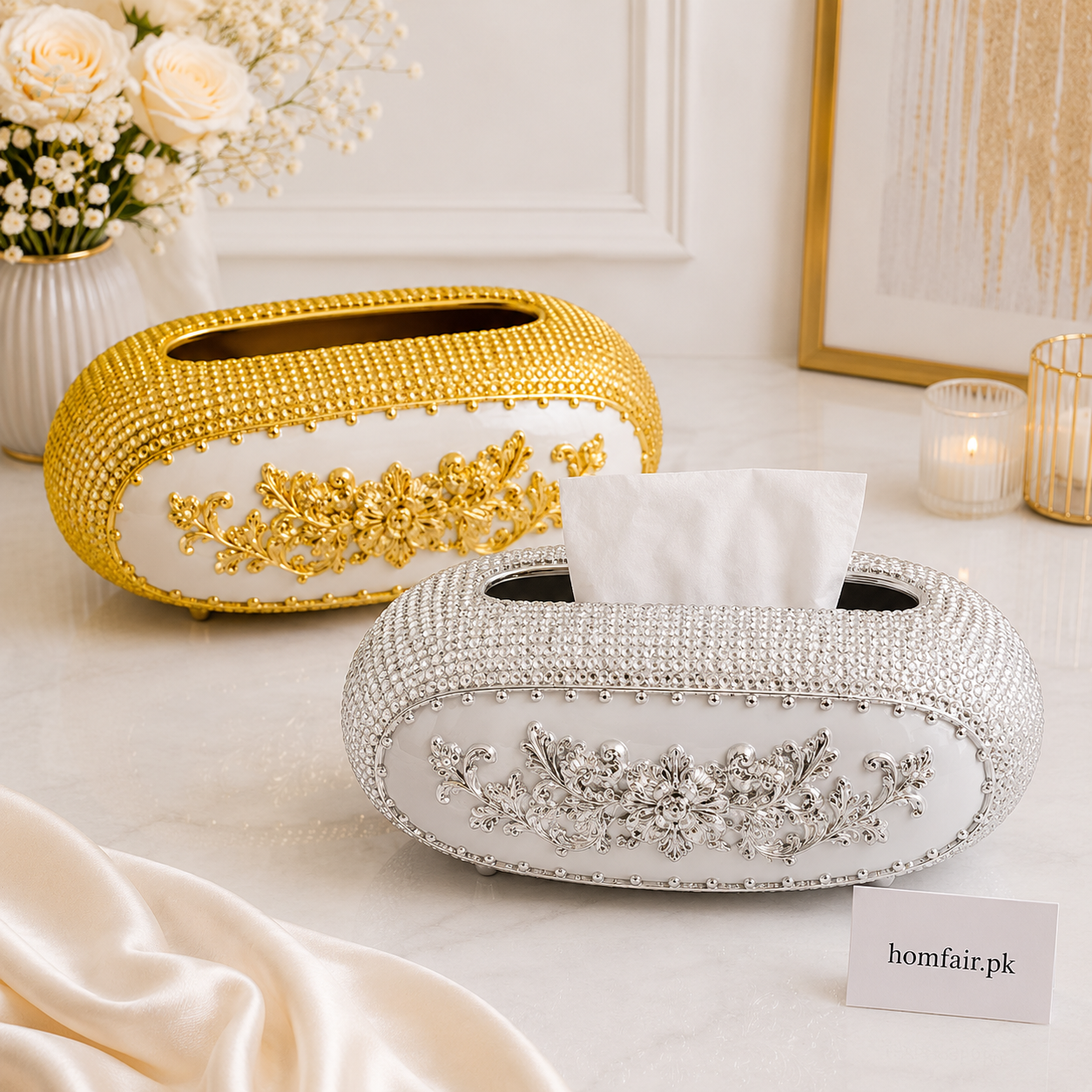 Luxury Plastic Oval Gold & Silver Decorative Tissue Box Holder