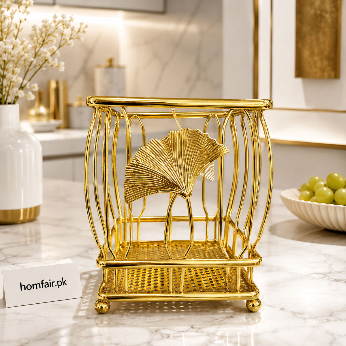 Luxury Golden Cutlery Holder with Leaf Design