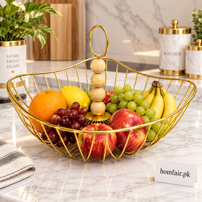 Luxury Golden Hanging Fruit Basket with Wooden Bead Handle