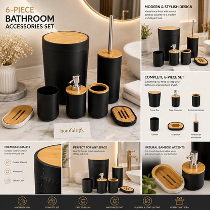 6-Piece Matte Black Bamboo Bathroom Accessories Set | Modern Bathroom Organizer Collection
