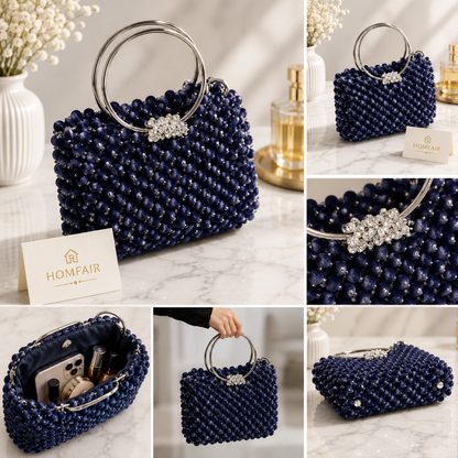 Luxury Handmade Navy Beaded Handbag | Elegant Women's Top Handle Party Bag