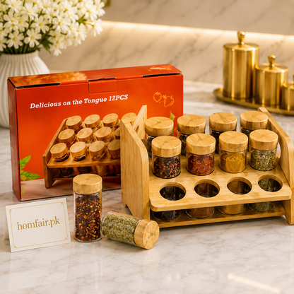 Premium 12 Jar Bamboo Spice Rack with Glass Spice Jars