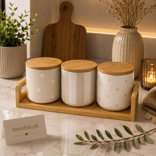 Premium Patterned Ceramic Tea, Coffee & Sugar Canister Set with Bamboo Tray