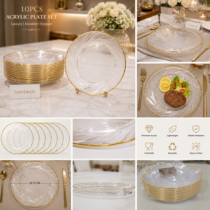 Clear Acrylic Dinner Plate Set with Gold Rim (10 Pieces)