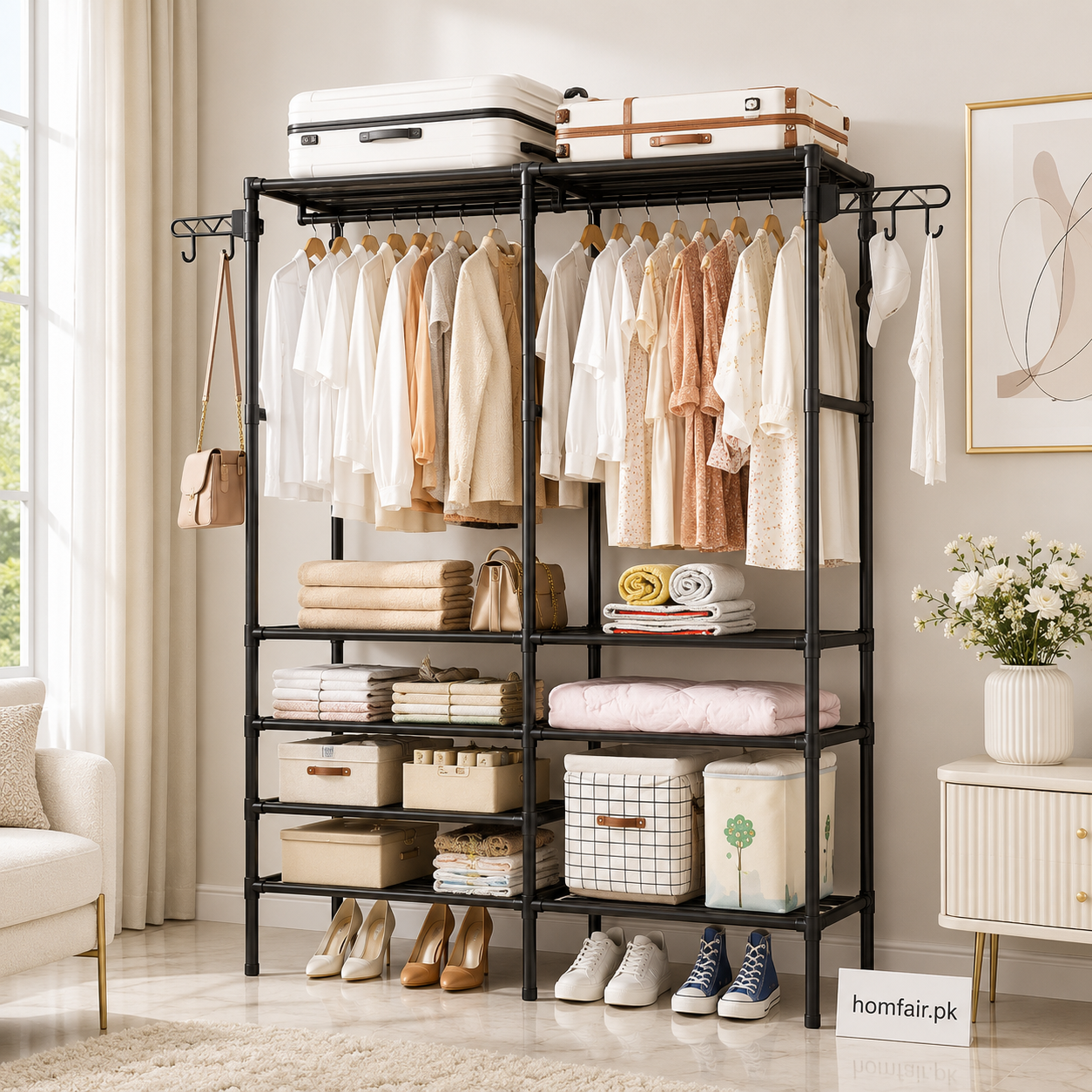 Heavy Duty Double Rod Garment Rack with Storage Shelves & Side Hooks
