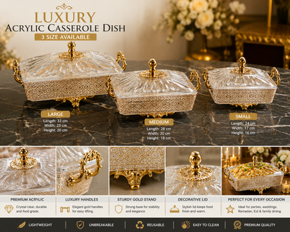 Luxury Acrylic Casserole Serving Dish with Gold Stand & Lid