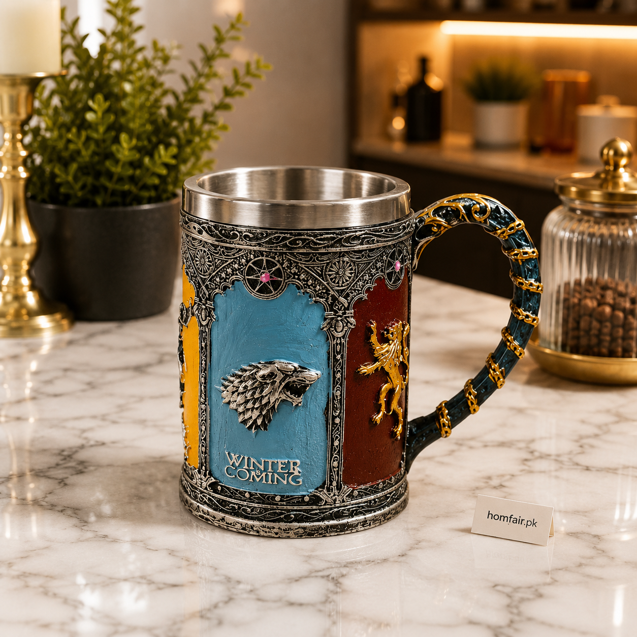 Medieval House Coffee Mug with Stainless Steel Rim