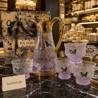 Crystal Turkish Style Butterfly Tea Set with Luxury Flask & 4 Crystal Cups