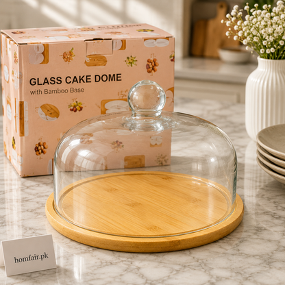 Glass Cake Dome with Bamboo Base – Elegant Food Cover & Serving Tray