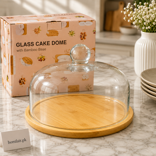 Glass Cake Dome with Bamboo Base – Elegant Food Cover & Serving Tray