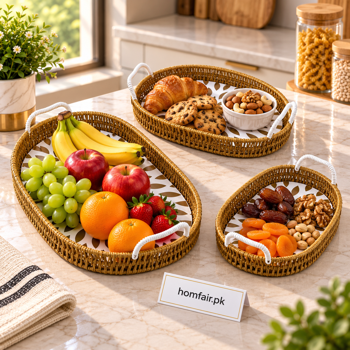3-Piece Decorative Rattan Tray Set – Floral Base