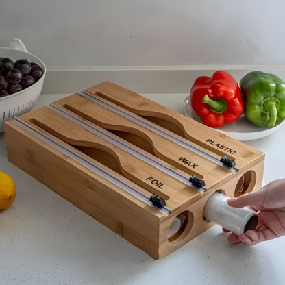 3-in-1 Wall-Mounted Bamboo Wrap Cutter and Kitchen Storage Holder