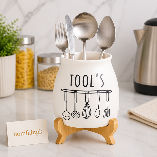 Premium Ceramic Utensil Holder with Bamboo Stand