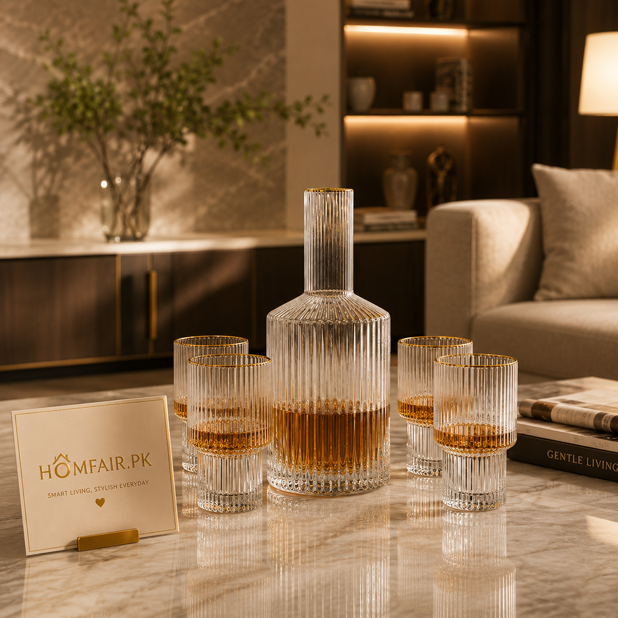 Elegant Glass Decanter Set with Gold Rim 5-Piece Luxury Drinkware Set