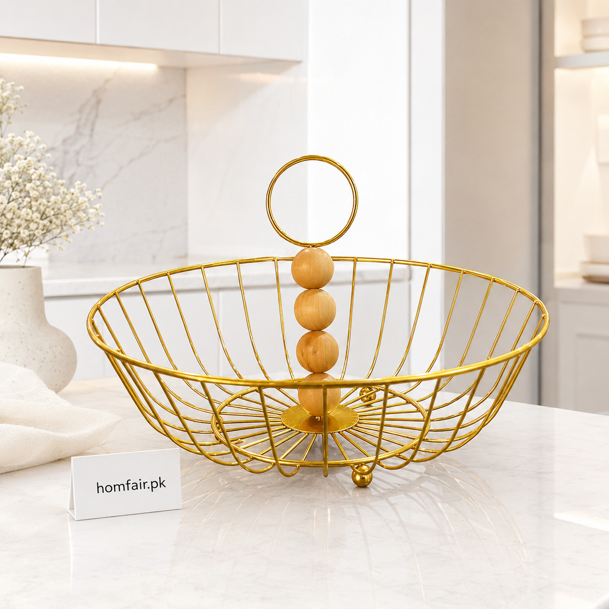 Luxury Golden Wire Fruit Basket with Wooden Bead Handle