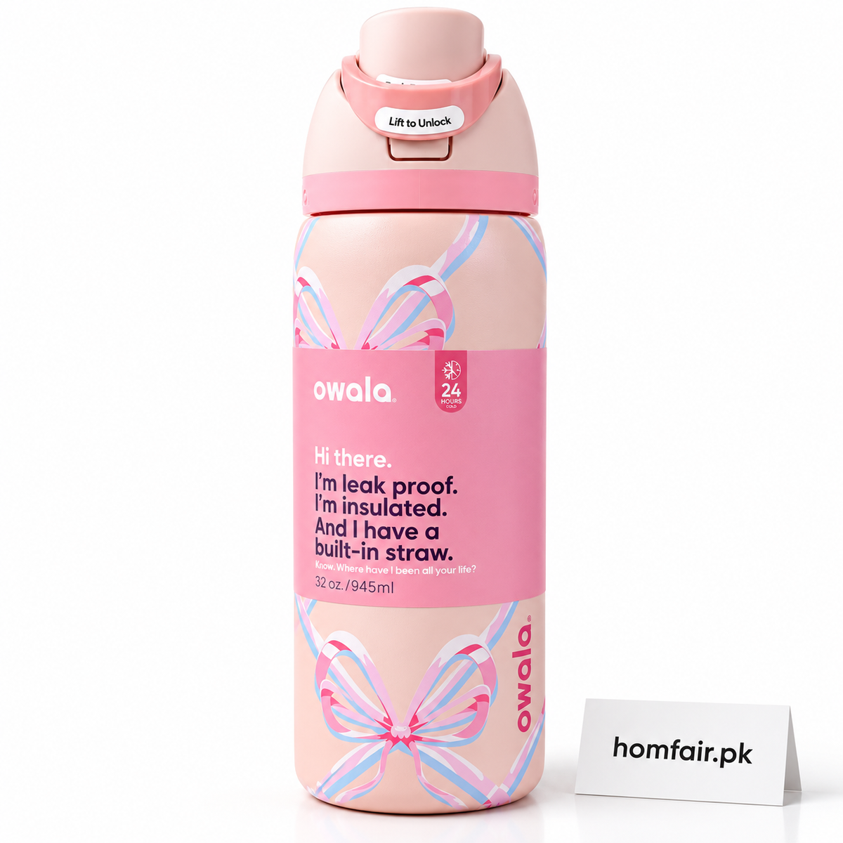 Owala Pink Bow Insulated Water Bottle 32oz with Built-In Straw & Leak-Proof Lid
