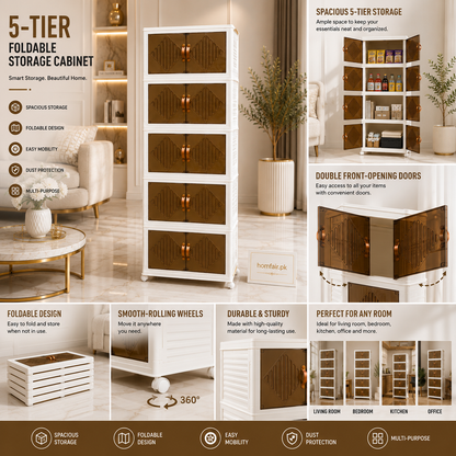 Premium 5-Tier Foldable Storage Cabinet with Double Doors & Wheels