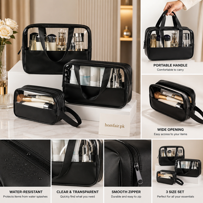 Luxury 3-Piece Transparent Travel Cosmetic Organizer Bag Set
