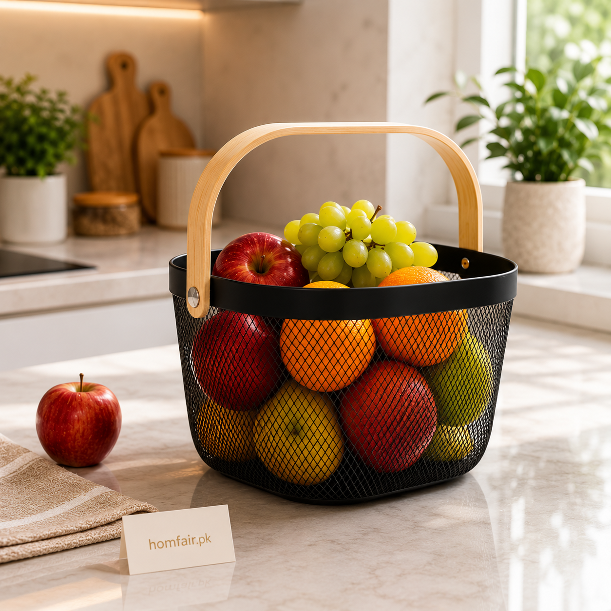 Premium Metal Mesh Square Storage Basket with Wooden Handle – Multi-Purpose Organizer
