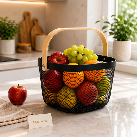 Premium Metal Mesh Square Storage Basket with Wooden Handle – Multi-Purpose Organizer