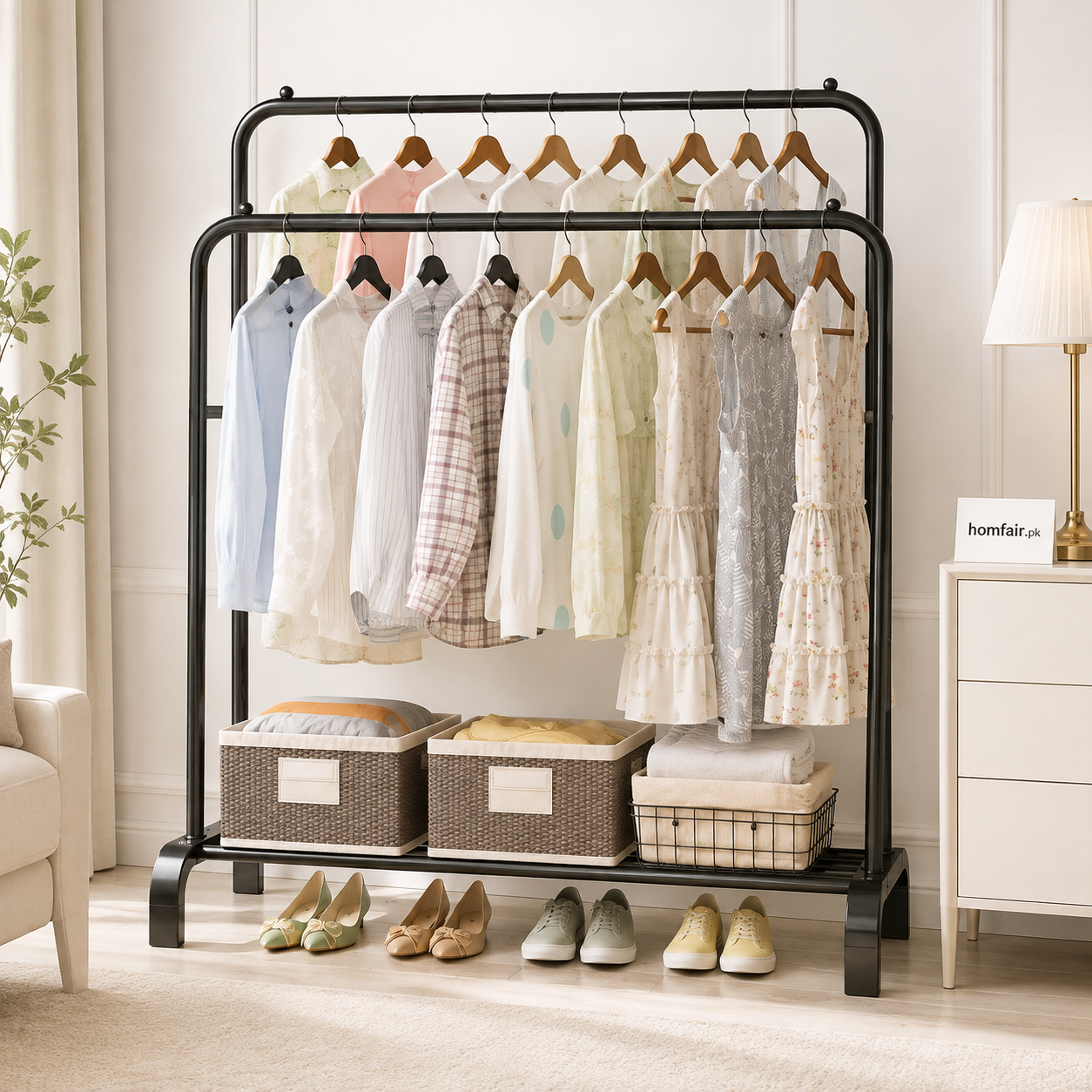 Multilayer Rail Clothes Rack with Storage Shelf & Shoe Organizer