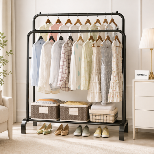 Multilayer Rail Clothes Rack with Storage Shelf & Shoe Organizer