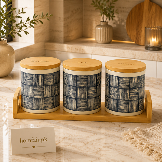 Premium Patterned Ceramic Tea, Coffee & Sugar Canister Set with Bamboo Tray