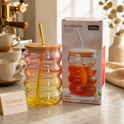 580ml Gradient Ribbed Glass Tumbler with Bamboo Lid & Glass Straw