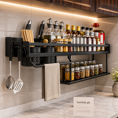 Premium Wall Mounted Kitchen Spice Rack Organizer – Multi-Layer Storage Shelf with Utensil Holder