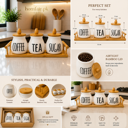 3-Piece Ceramic Coffee, Tea & Sugar Storage Jar Set with Bamboo Lids and Wooden Tray