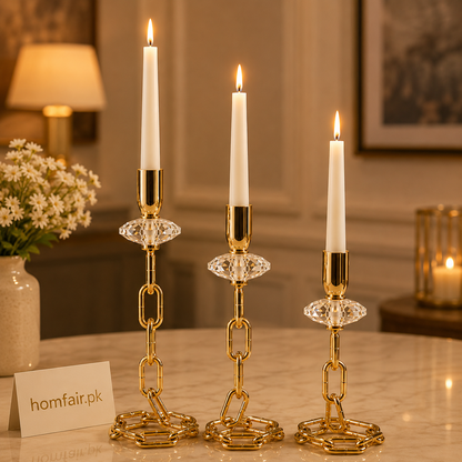 3pcs Set Majestic Gold Chain Crystal Candle Holder Set