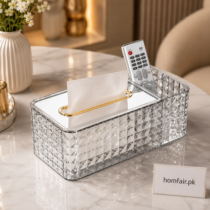 Luxury Crystal Tissue Box Organizer with Remote Holder & Storage Compartments