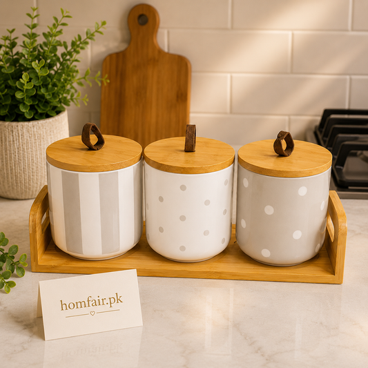 Premium Minimalist Ceramic Tea, Coffee & Sugar Canister Set with Bamboo Tray